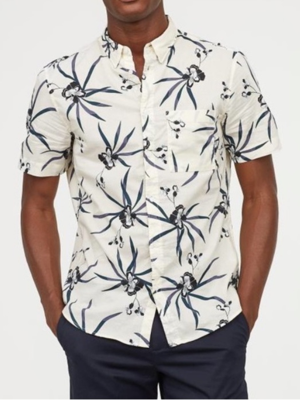 Men's H&M tropical Short-Sleeve Floral Button-Up Shirt - White/Navy
